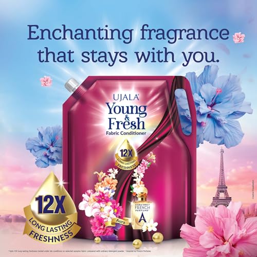Image of UJALA Young & Fresh Fabric Conditioner - 2L Pouch [ Aura ] | After Wash Fabric Conditioner with Long-Lasting Fragrance | Powered with French Perfume | Suitable for Bucket Wash and Machine Wash,Liquid