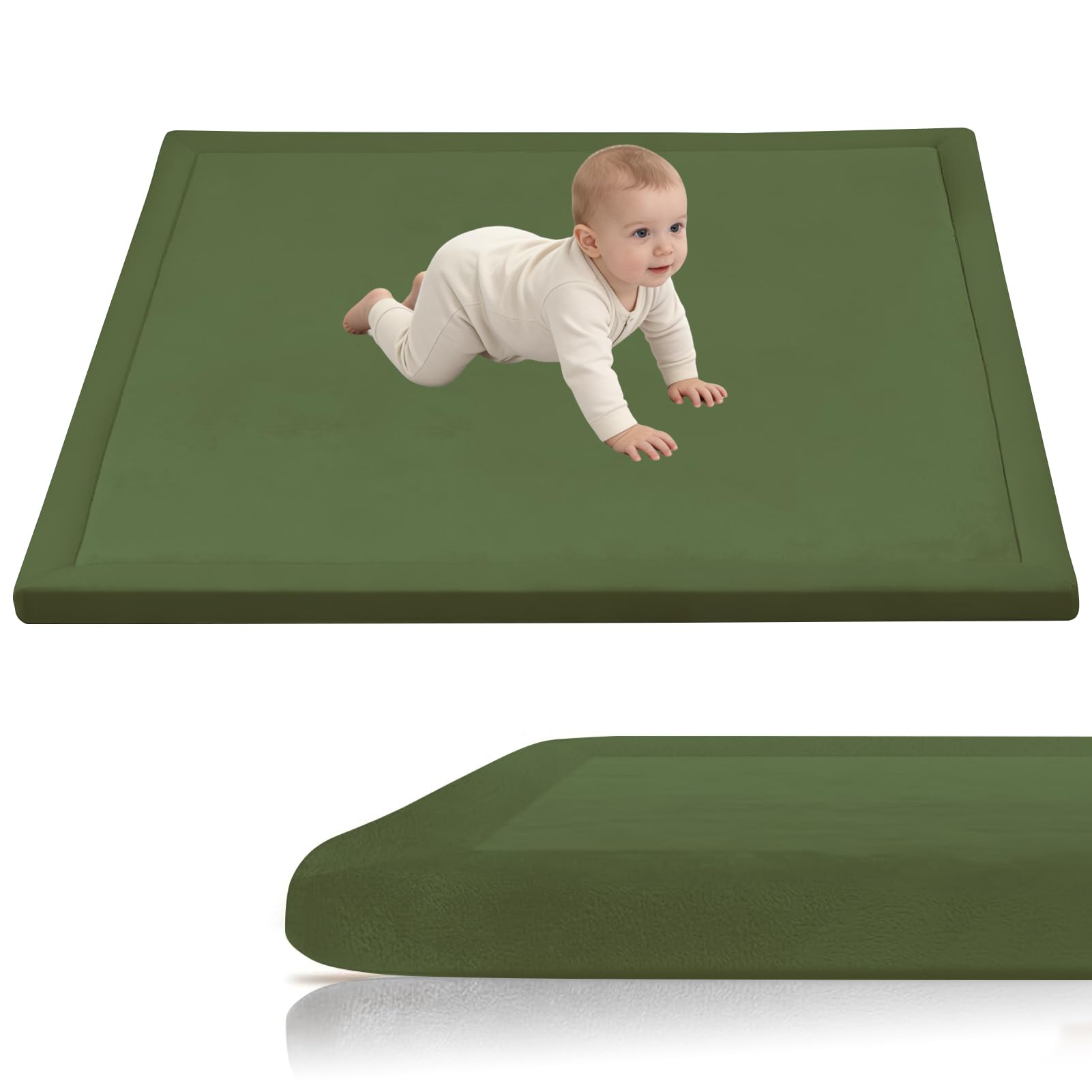 Stqyeiw Crawling Mat for Baby, 3cm Thick Baby Play Mat 140 x 140 cm Army Green Area Rug Kids Rug Nursery Rug Play Crawling Mat Coral Velvet Babies Mats for Floor Play with Non Slip Backing