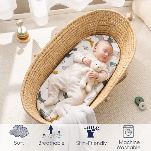 Image of PHF Soft Bassinet Sheet Set, 2 Pack Silky Comfy Breathable Cradle Sheets for Baby Boys Girls, Univeral Fit for Most Oval Rectangle Cradle and Bassinet Mattress /Pad, Forest & Animal