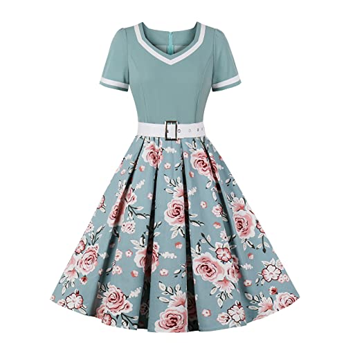 Dyhxuan 50er Rockabilly Petticoat Kleid Damen Blumen Druck Ballkleid Hohe...