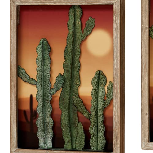 Touch Of Class Desert At Sunset Southwest Cactus Wall Art Set Of Two, 3D Metal And Wood Hanging Decor - Cacti In Front Of Majestic Framed Desert Print - Southwestern Landscape Style Sculpture #TOP2
