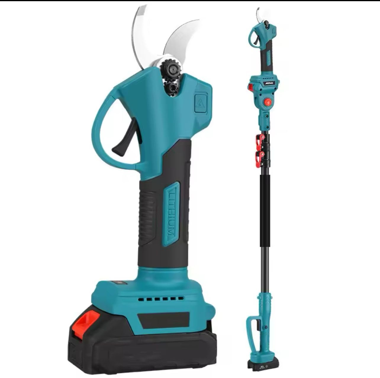 Forbice da Potatura a Batteria, Motosega a Batteria 6 Pollici incluso, + Asta Telescopica 128-248cm, Kit 3 in 1, Cesoie Elettriche per Potatura Giardino Rami Arbusti Vigneto