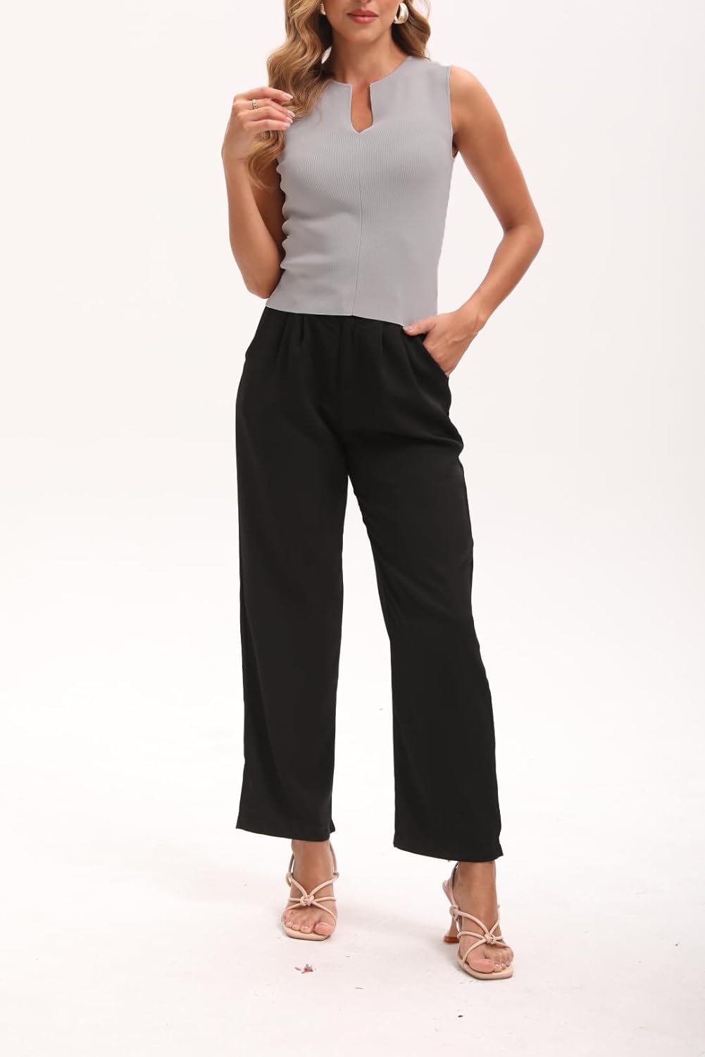 Women Summer Sleeveless Sweater Vest Minimalist V-Slit Neck Slim Fit Pullover Tank - Image 5