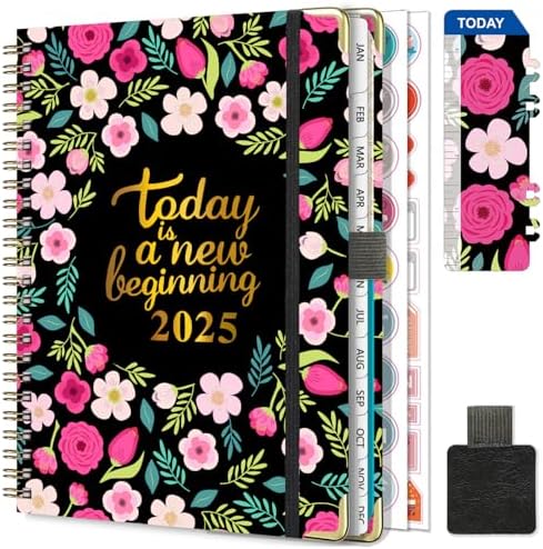 Agenda Burde 2025 A5 - Semainier Horizontal, Fleur - Décembre 2024 à Janvier 2026 - Reliure Spirale