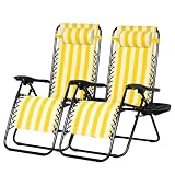 Nazhura Set of 2 Relaxing Recliners Patio Chairs Adjustable Steel Mesh Zero Gravity Lounge Chair Beach Chairs with Pillow and Cup Holder (Yellow Stripe)