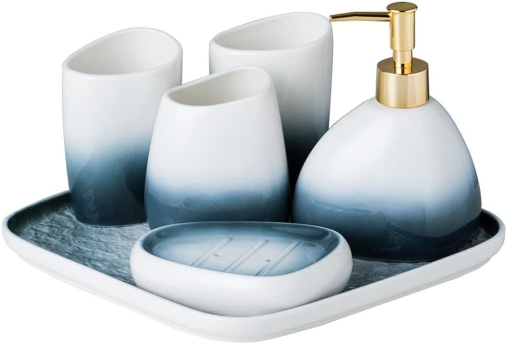 Gradient Gray Ceramic Bathroom Five-piece Wash Set Couple Brushing Teeth Cup Supplies Utensils with Tray