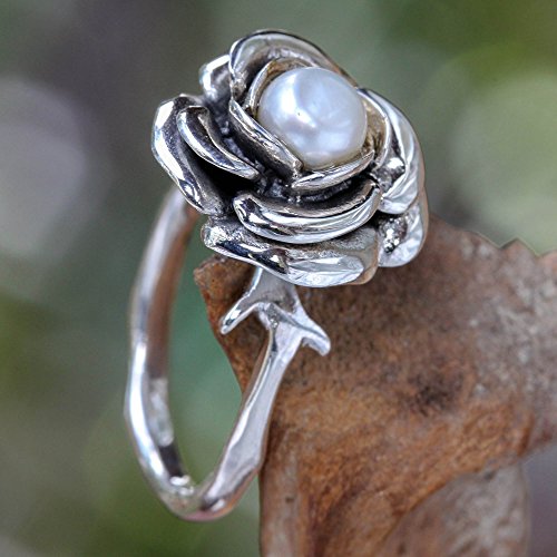 Novica Cultured Freshwater Pearl .925 Sterling Silver Handcrafted Flower Ring 'White Rose' #TOP3