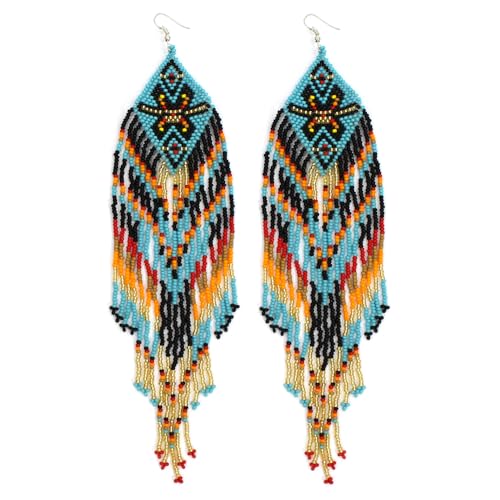 Handmade Southwestern Geometric Pattern Glass Seed Beaded Big Earrings