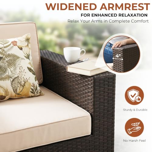 Image of DEVOKO Sera Outdoor 5 Piece HDPE Wicker Conversation Sofa Set with All Weather Water-Resistant Cushions, Glass Top Table & Ottoman for Garden, Poolside, Backyard(Dark Brown & Cream)