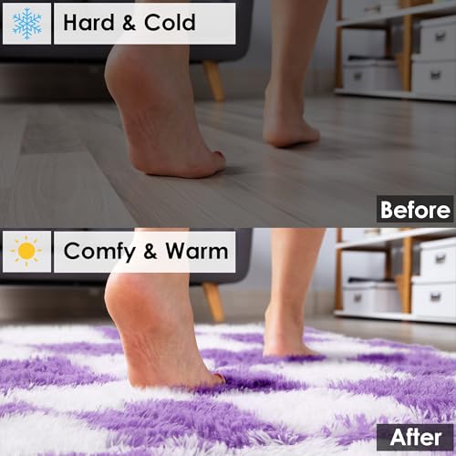 Image of KICMOR Purple Rugs for Bedroom Living Room, Fluffy Soft Checkered 4x6 Area Rug Fuzzy Shag Shaggy Carpet, Indoor Plush Bedside Floor Rugs for Kids Girls Boys Teen Dorm Nursery Home Decor Aesthetic