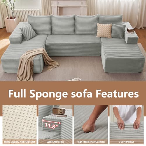 Image of Oversized Modular Sectional Sofa Couch, Large 4 Seater Corner Sofa Modern U Shaped Sectional Couch Cloud Couches for Living Room, Office, Spacious Space, Corduroy,No Assembly Required, Light Grey