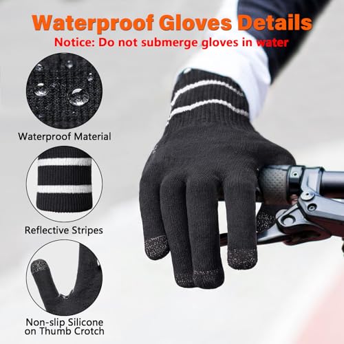 Fullsheild Waterproof Knit Gloves for Men Women Merino Wool Fishing Gloves Touchscreen Water Proof Mittens for Hiking, Running, Hunting, Work Black L - Thumbnail 2