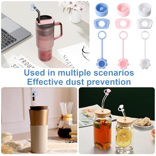 Image of HINZIC 3 Sets Spill Stoppers for 40oz Stanley Quencher H2.0, Silicone Straw Cover Cap 10mm, Square Leak Proof Lid and Round Lid Spill Plug, Blue White Pink Drinking Cup Accessories for Women