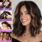 AISI HAIR 14 Inch Highlights Caramel Brown Wigs for Women - Shoulder Length Wave Wig with Pre-Cut Lace Hairline, Middle Part Natural Wavy Bob Synthetic Heat Resistant Fiber for Daily and Party - Image 5