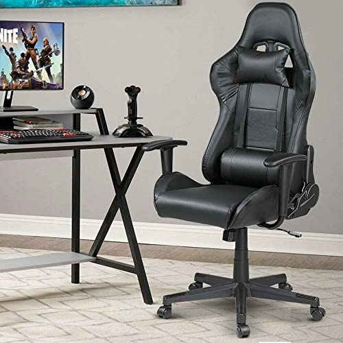 Sedia Poltrona Gaming Scrivana Ufficio Casa in Ecopelle Schienale Reclinabile Cuscino Lombare Poggiatesta Rotazione 360 Gradi Direzionale Altezza Regolabile Base 5 Ruote (Nero) - Sedia gaming - Immagine 1