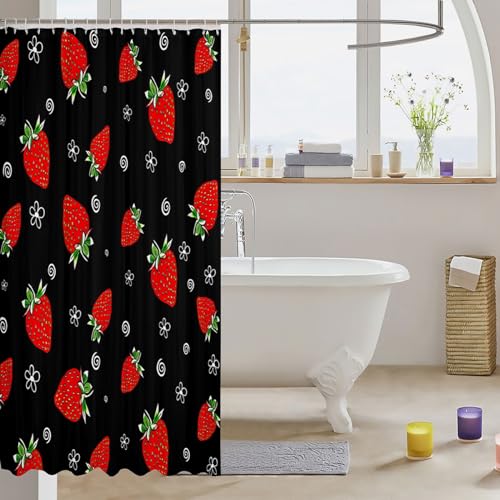 Image of Strawberry Shower Curtain Cute Red Strawberries Bath Curtain Tropical Fruit Bathroom Shower Curtain Set Girls Kids Black Bedroom Decor Sweet Strawberry Waterproof Shower Curtain with Hooks 72x78 Inch