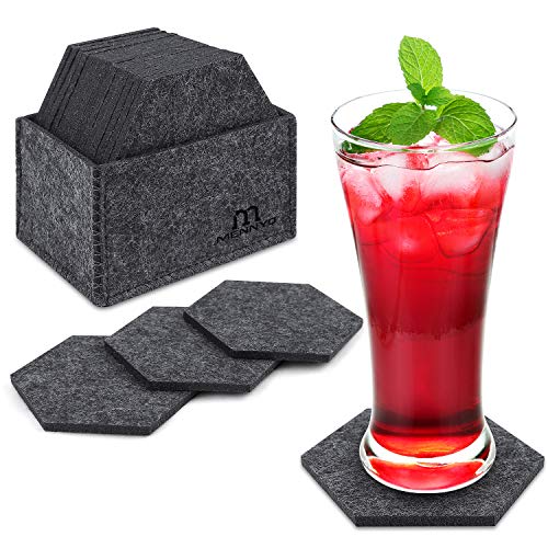 MENNYO Untersetzer Gläser 14er Set, Filzuntersetzer in Hexagon Filz Glasuntersetzer mit Aufbewahrungsbox, Untersetzer Filz Getränkeuntersetzer Coasters für Heiße Tassen, Töpfe,Teetassen, Schwarz Cover