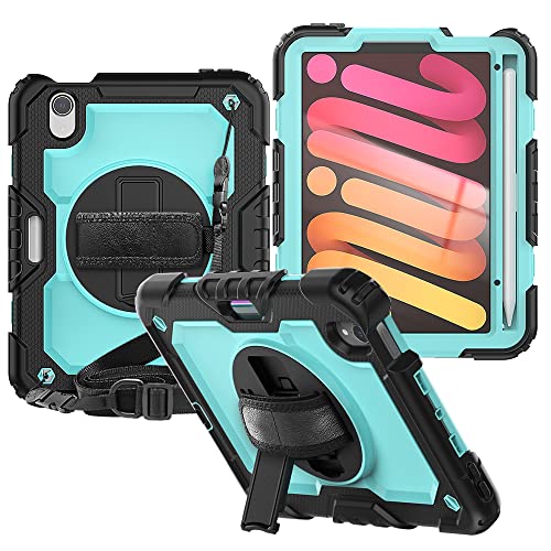 CLARKCAS New 2021 iPad Mini 6 Case (6-Generation 8.3-inch) 2021 with Screen Protector Pencil Holder 360 Stand Hand Strap Kids Shockproof Heavy Rugged Cover for iPad Mini 6th Gen,Light Blue+Black
