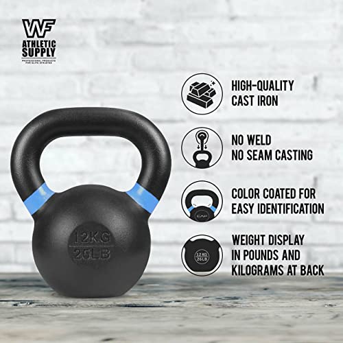 WF Athletic Supply Powder Coated Kettlebells, Black Matte Kettlebell Weights for Strength Training, Conditioning and Functional Fitness, LB and KG Markings