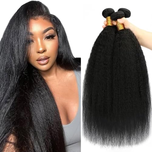 Kinky Straight Human Hair Bundles 24 26 28 Inch Black Natural Color Human Hair Bundle Brazilian Virgin Hair 3 Bundles Double Weft image 5