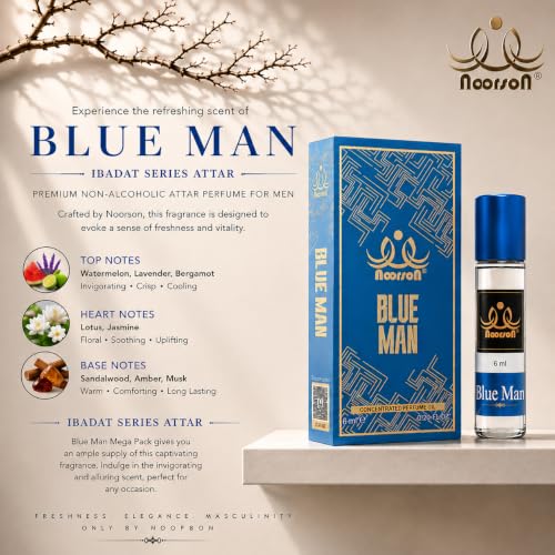 Image of Blue Man Attar 6ml - Long Lasting Alcohol-Free Perfume Oil for Men | Premium Fresh Aqua Fragrance | Roll-On Ittar for Daily Wear, Office & Special Occasions