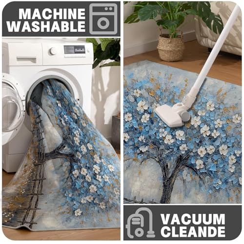Tapis rond 120cm bleu décoration intérieur lavable et durable - 8
