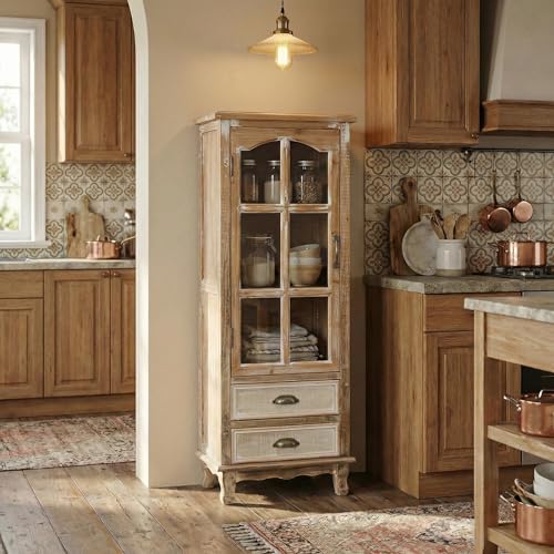 Image of LKTART 55 inch Tall Kitchen Pantry Cabinet,Narrow Storage Cabinet with Drawers | Solid Wood Frame;Farmhouse /French Country Narrow Corner Glass Display Cabinet;Narrow Storage Cabinet;Tall Accent Cabinet