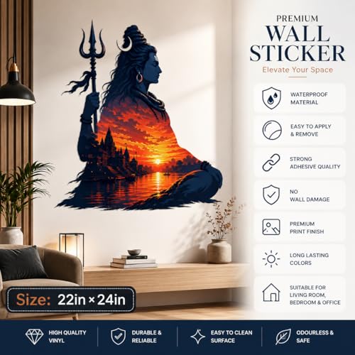 Image of Rangoli Shiva Wall Sticker Self-Adhesive 22 x 24 Inch Waterproof Wall Decor for Living Room Bedroom Office Mahadev Meditation Wall Decal