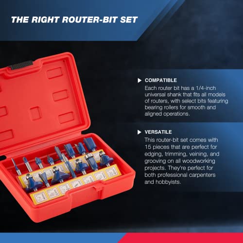 Hiltex 10100 Tungsten Carbide Router Bits, 15 Piece Router Bit Set, 1/4 Inch Router Bit Shank Tungsten Carbide Router Bits, Chamfer Router Bits For Woodworking thumb #2