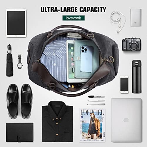 LOVEVOOK 50L Canvas Travel Duffel Bag Overnight Weekender Bag with Shoe Compartment Gym Bag Travel Tote Carry on Hand Bag with Toiletry Bag (Black) 6 LOVEVOOK 50L Canvas Travel Duffel Bag Overnight Weekender Bag with Shoe Compartment Gym Bag Travel Tote Carry on Hand Bag with Toiletry Bag (Black)