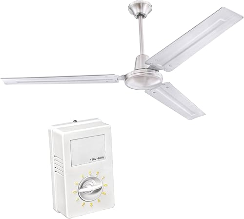 Ventilador de techo industrial de tres aspas y 56 pulgadas, con sistema de instalación de colgado de bola, níquel cepillado., 60.0watts