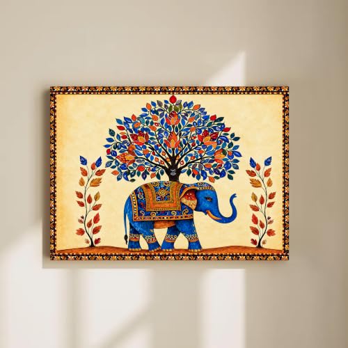 Image of Madhubani Elephant Stretched Canvas Painting for Living Room Wall Decor, Tree of Life Indian Traditional Vastu Stretched Canvas Wall Art for Vastu Place Bedroom Home Hallways Office Hotel, Size 22x34 Inch