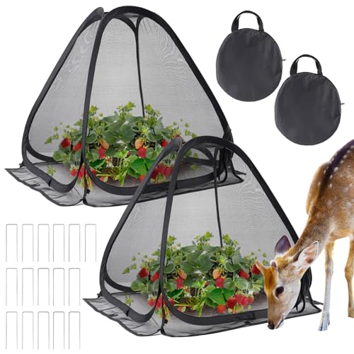 Image of ANPHSIN 2pcs Durable Plant Covers, Pop-up Fine Mesh Plant Tents, 22x22x23in | Plant Protectors with 8 Stakes, Garden Crop Guard Cages for Vegetable Fruis Away from Animal Birds Deer Squirrels