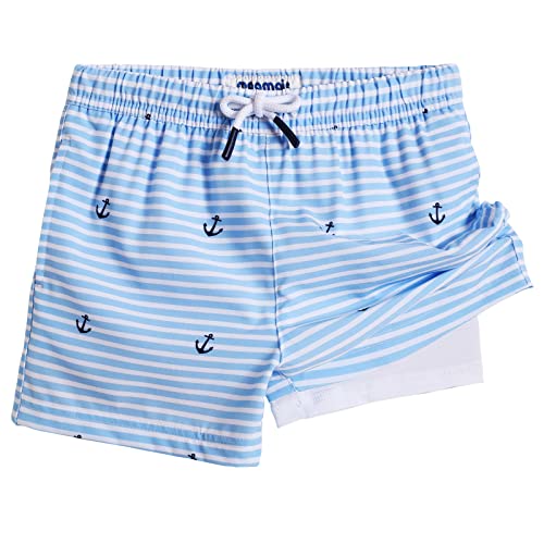 Maamgic Boys Swim Trunks With Compression Liner Stretch Toddler Boys Swim Shorts Quick Dry Swimming Trunks With Boxer Brief Kids Boy 2 In 1 Beach Shorts White Blue Striped 5/6 #TOP11