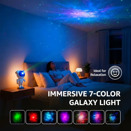 Image of Amazon Basics Astronaut Galaxy Light | Standing Space Man Design | White | ABS+PC+PVC | 7-Color | USB Powered | 10 sq. m Coverage | 11.9 x 11.1 x 22.8 cm