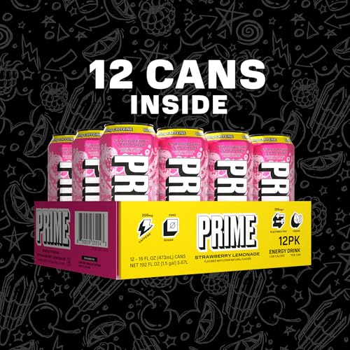 Image of PRIME Energy STRAWBERRY LEMONADE, Sugar Free Energy Drink, 200mg Caffeine and 355mg of Electrolytes for Hydration, Low Calorie, Vegan, Gluten Free,16 Fluid Ounce, 12 Pack