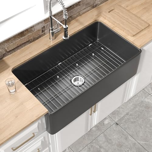 HOMLYLINK 36" x 20" Fireclay Apron Front Farmhouse Sink Black for Kitchen