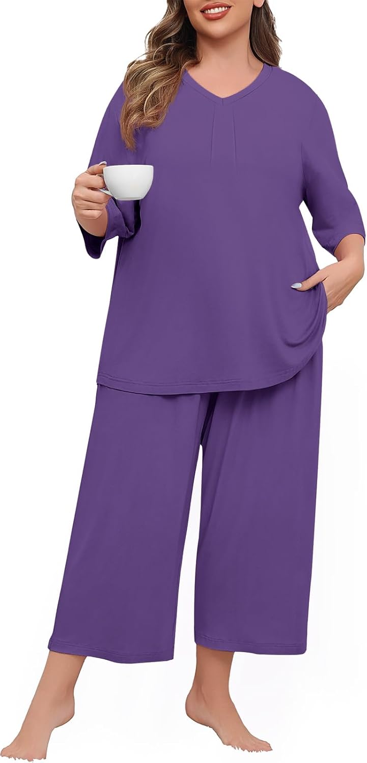 Lastshe Women's Plus Size Pajama Set 2 Piece V Neck Capri Pants Loungewear with Pockets Knit Soft Pjs Sleepwear