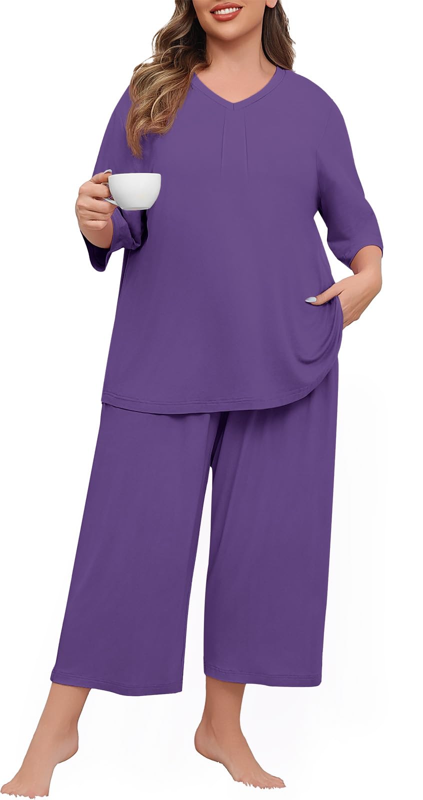Lastshe Women's Plus Size Pajama Set 2 Piece V Neck Capri Pants Loungewear with Pockets Knit Soft Pjs Sleepwear