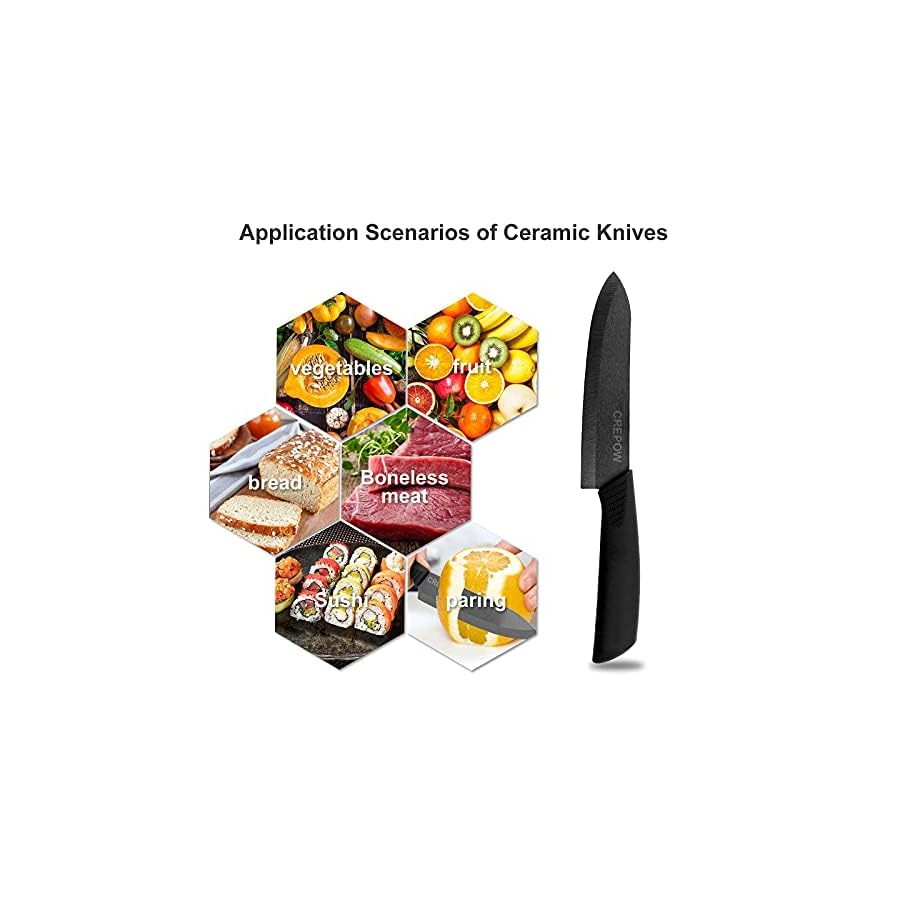 CORESLUX Ceramic knife, 6 Piece Ceramic Kitchen Knife Set, Ceramic Knives Set for Kitchen 6" Chef Knife 5" Utility Knife 4" Fruit Knife 3" Paring Knife 1'' Vegetable Fruit Peeler(Black)