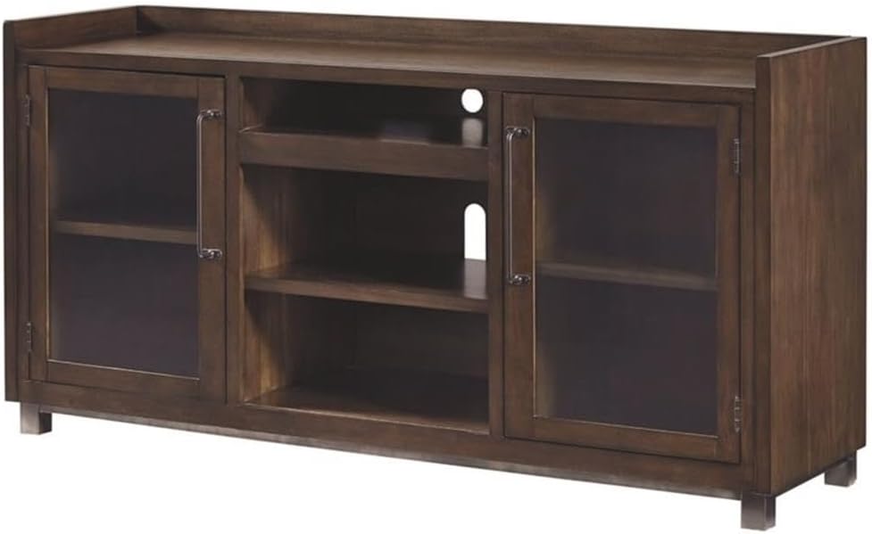 Signature Design by Ashley Starmore TV Stand, 70-Inch, Industrial Style | Acacia veneers, Wood and engineered wood, Fireplace TV stand 70 inch, Oiled walnut-tone finish, Dark bronze metal hardware