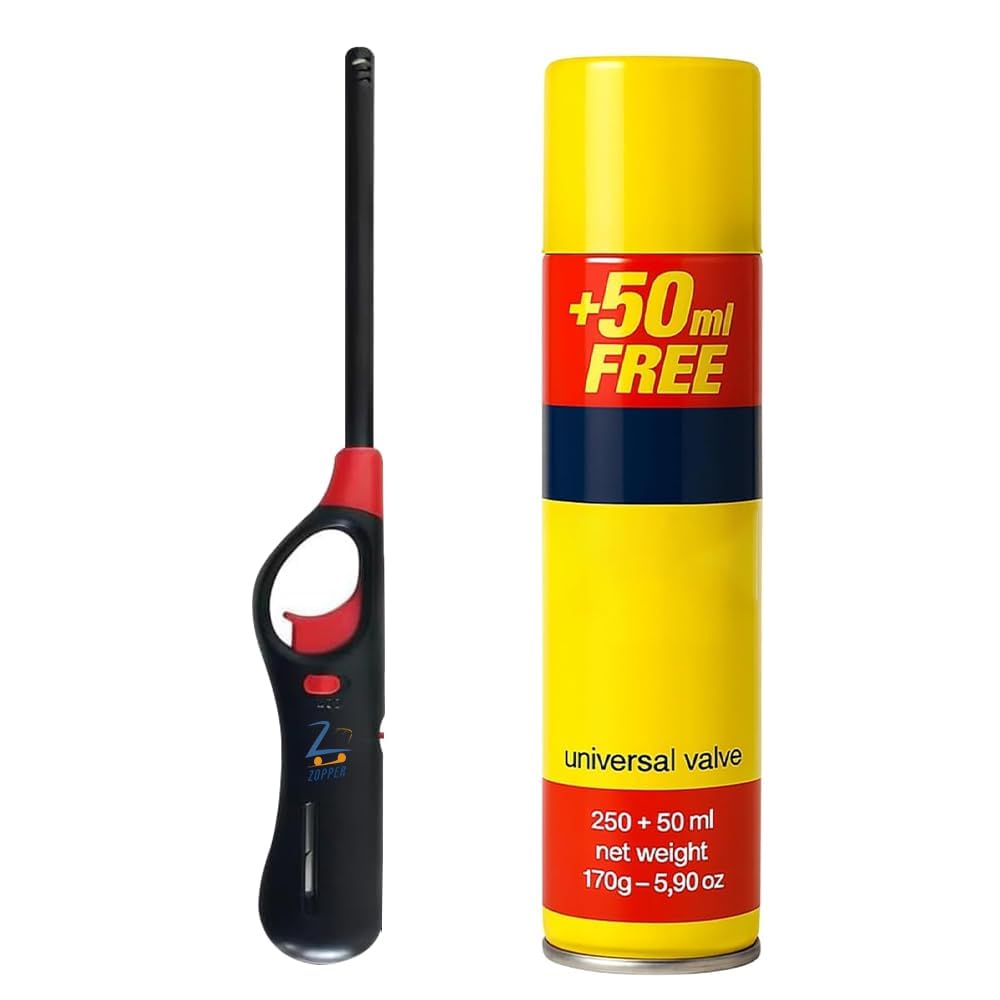 Zopper Gas Lighter Refill 300Ml & Long Neck Bbq Lighter Bundle - Universal Gas Refill Canister With Long Reach Kitchen Lighter For Bbq, Candles, Gas Stove, Fireplace & Camping