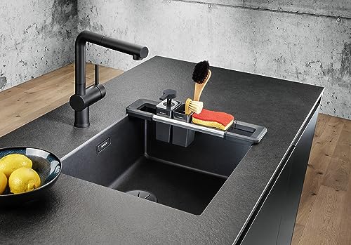 BLANCO Worktop Organizer Main Set | Ausziehbare Schiene 396-440mm für Spülen | Küchenutensilien perfekt organisiert | Seifenspender für Spülmittel, Reinigungscontainer & Abtropfschale