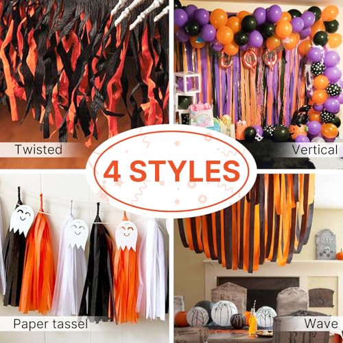PartyWoo Halloween Crepe Paper Streamers 8 Rolls 656 ft Pack of Orange Purple Black Green Crepe Paper for Graduation Halloween Birthday Party Decorations (1.8 Inch x 82 Ft/Roll)