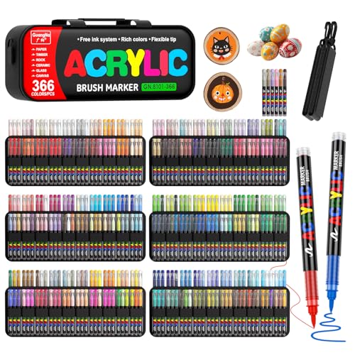 Sonlaryin 366 Farben Acrylstifte für Steine Wasserfest Permanent Acrylic Marker Pinselspitze Acrylstifte für Holz Leinwand Glas Metall Papier Keramik Stoff Ostereier Deko