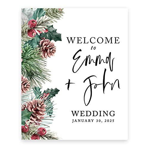 Andaz Press Custom Large Wedding Welcome Sign, 16" x 20" Winter Pinecones Personalized Canvas Welcome Sign, Sign Our Canvas Welcome Sign for Christmas Wedding Ceremony Reception Guestbook Alternative