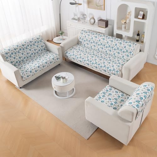 Image of HOKIPO Cerulean Bloom Quilted Sofa Cover 6 Seater with Tassels Set - Washable 3+2+1 Sofa Panel for Seat & Back | 'Tassel Twigs' Series (IN-991-T6 + IN-990-T6 + IN-989-T6)