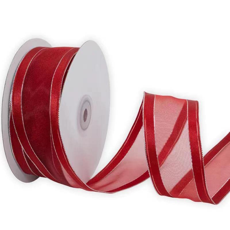 XMRIBBON Red Sheer Ribbon Wired Satin Edge Ribbon with Silver Lurex, 1-1/2 Inch X 25 Yards, for Gift Wrapping Tree Garland Topper Bow Wreaths Wedding Favors Decorating — image 1