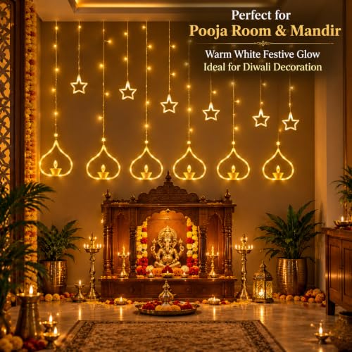 Image of Gesto 12 Diya Curtain Lights - 108 LED Warm White Fairy Lights with 8 Flashing Modes | Plug in Deep Style Diya Lights for Home,Balcony, Mandir,Pooja Room,Diwali Decoration & Festival Decor (11 Ft)