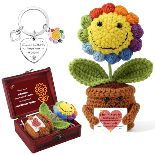 Muñeca de Girasoles Positivo con un Mensaje Positivo en Español | Regalos Girasol y Divertido para Mujer con Amuletos de la Suerte y Cofre del Tesoro | Idea para Cumpleaños, Amiga, Niña | Peluche Moti